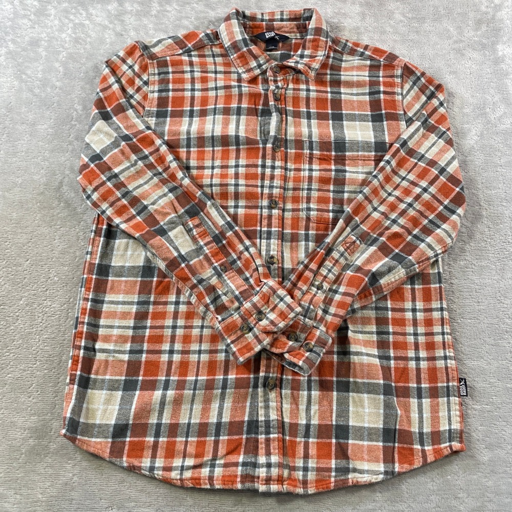 Eddie Bauer Flannel Shirt Mens Medium Orange Plaid Button Fall Holiday Casual